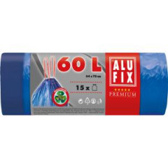 Vrecia na odpadky zaahovacie, 60 l / 15 ks, 27mic., 64 x 70 cm, modr, LDPE 