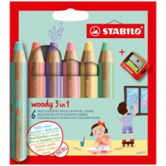Farbiky STABILO woody 3 in 1 Pastel 6 ks Sada v kartnovom obale so strhadlom 